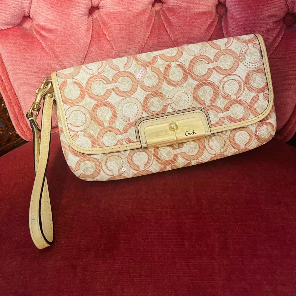 Pink White and Gold Canvas Coach Wristlet Clutch